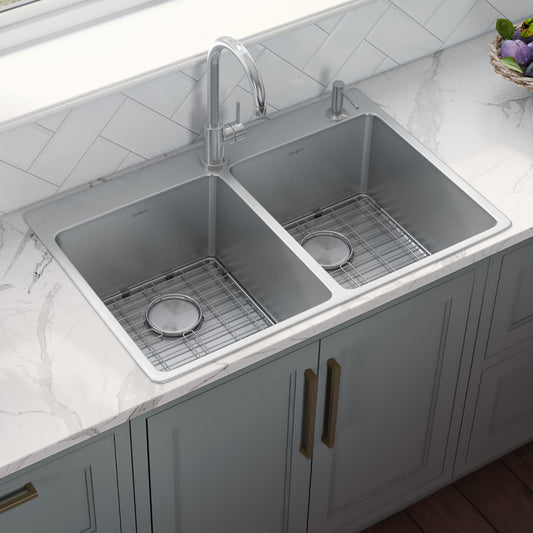 33 x 22 inch Drop-in Topmount Kitchen Sink 16 Gauge Stainless Steel 50/50 Double Bowl