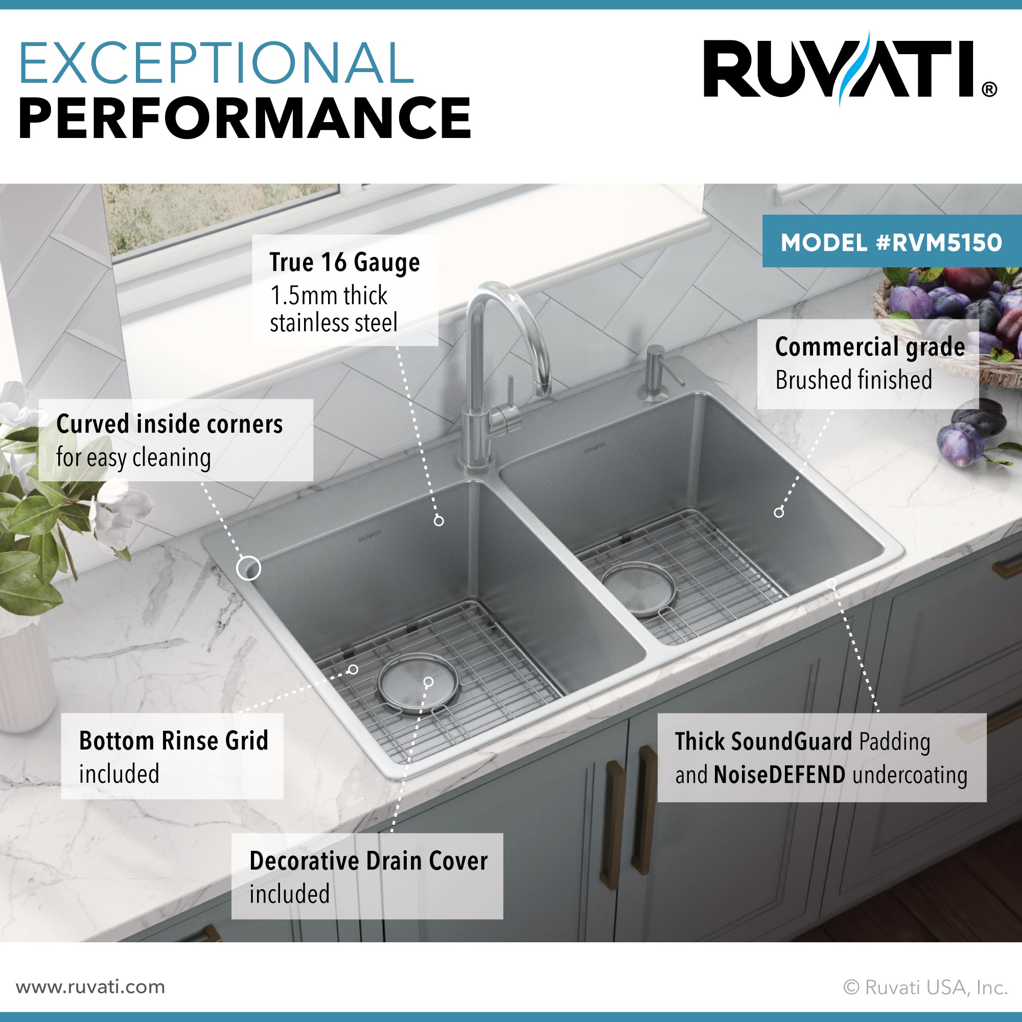 33 x 22 inch Drop-in Topmount Kitchen Sink 16 Gauge Stainless Steel 50/50 Double Bowl