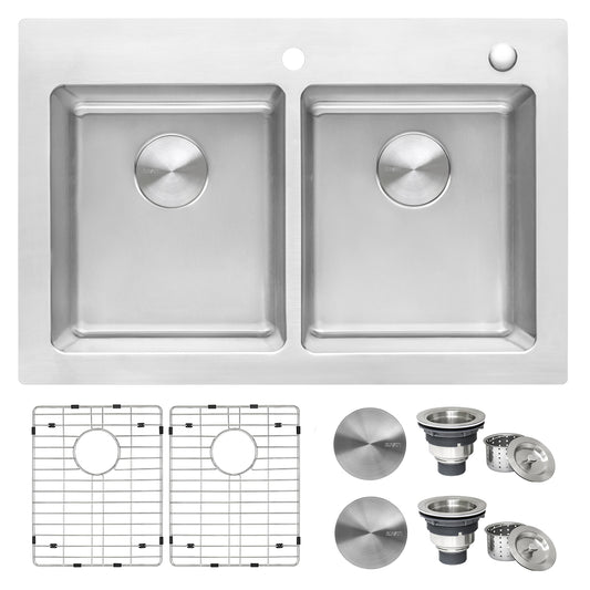 33 x 22 inch Drop-in Topmount Kitchen Sink 16 Gauge Stainless Steel 50/50 Double Bowl