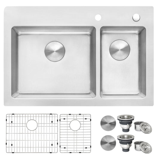 33 x 22 inch Drop-in Topmount Kitchen Sink 16 Gauge Stainless Steel 70/30 Double Bowl
