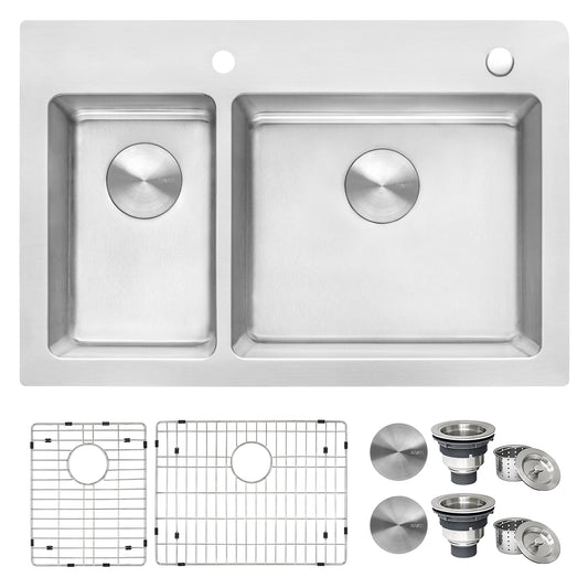 33 x 22 inch Drop-in Topmount Kitchen Sink 16 Gauge Stainless Steel 30/70 Double Bowl