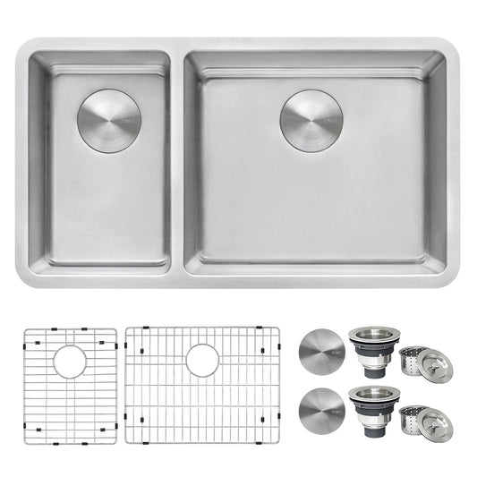 32-inch Undermount Kitchen Sink 30/70 Double Bowl 16 Gauge Stainless Steel