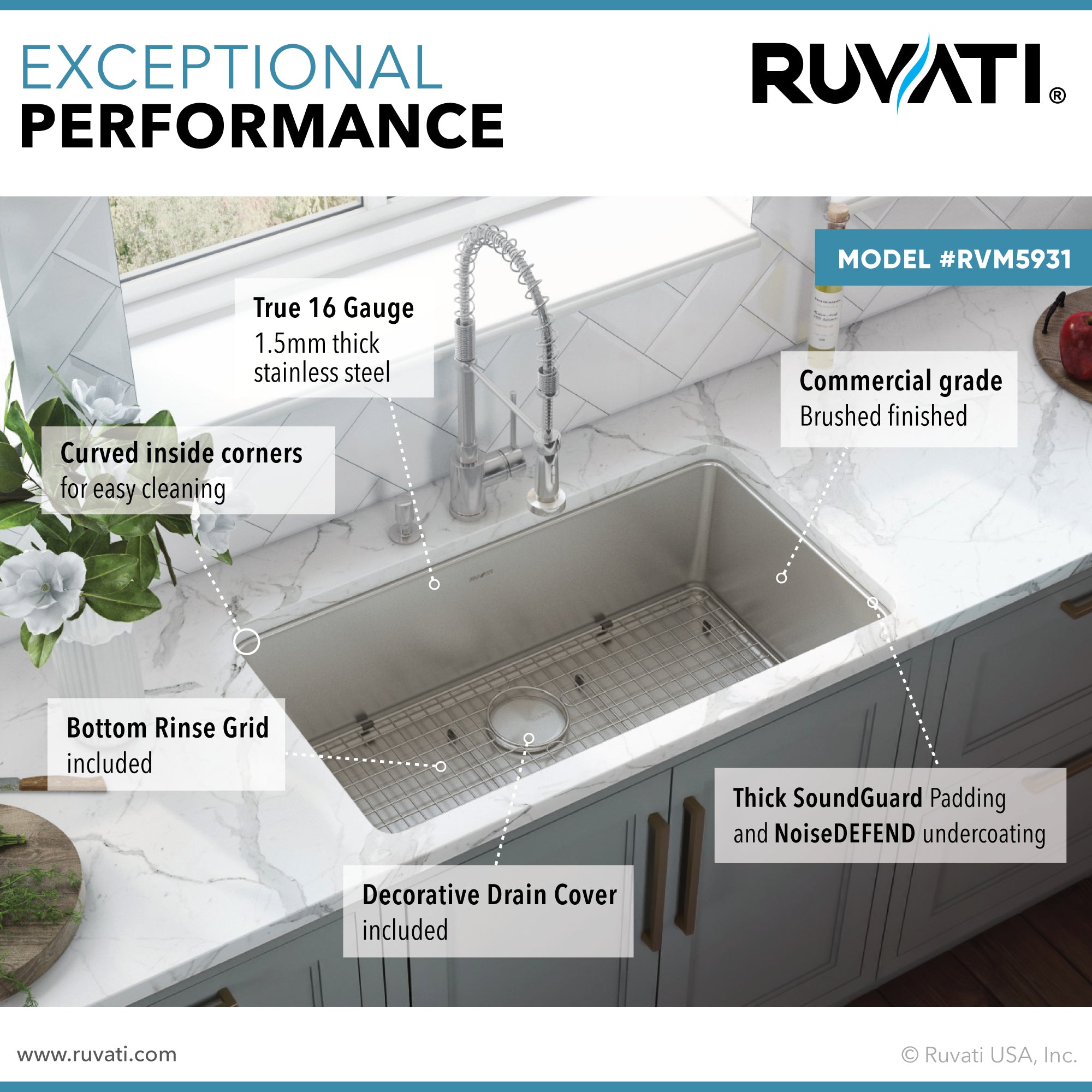 31-inch Undermount Kitchen Sink 16 Gauge Stainless Steel Single Bowl