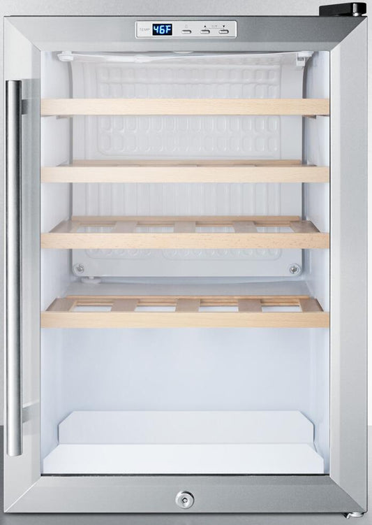 Summit - 17" 2.5 cu. ft. Freestanding Wine Cellar with 22 Bottle Capacity, 4 Adjustable Wooden Shelves, Digital Thermostat, LED Lighting, Vertical Storage Option and Automatic Defrost: Stainless Steel | SCR312LCSSWC2