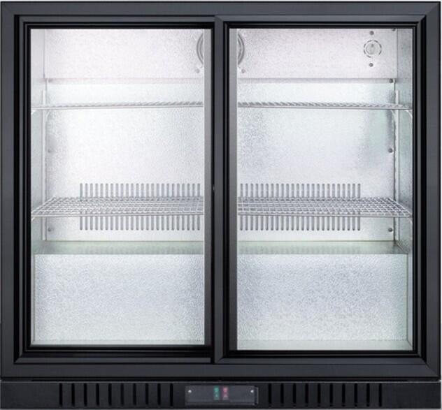 Summit - 36 Inch Commercial Beverage Merchandiser with Self-Closing Glass Doors, Digital Thermostat, Automatic Defrost, Factory-Installed Locks, Adjustable Shelves, Interior Light, CFC Free and 7.4 cu. ft. Capacity: Black Cabinet | [SCR700BCSS]
