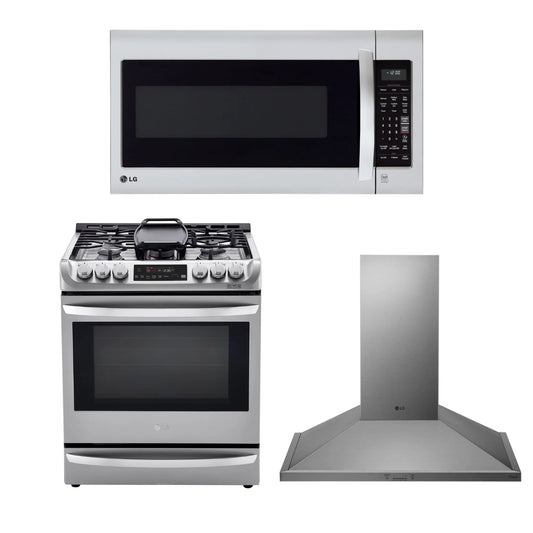 LG Over the Range Microwaves, 6.3 CF / 30 inch Dual Fuel Slide-In Range, ProBake Convection, ThinQ, and Wall Mounted Range Hood Bundle