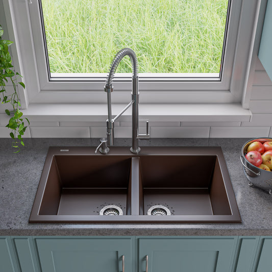 ALFI Brand - Chocolate 34" Drop-In Double Bowl Granite Composite Kitchen Sink | AB3420DI-C