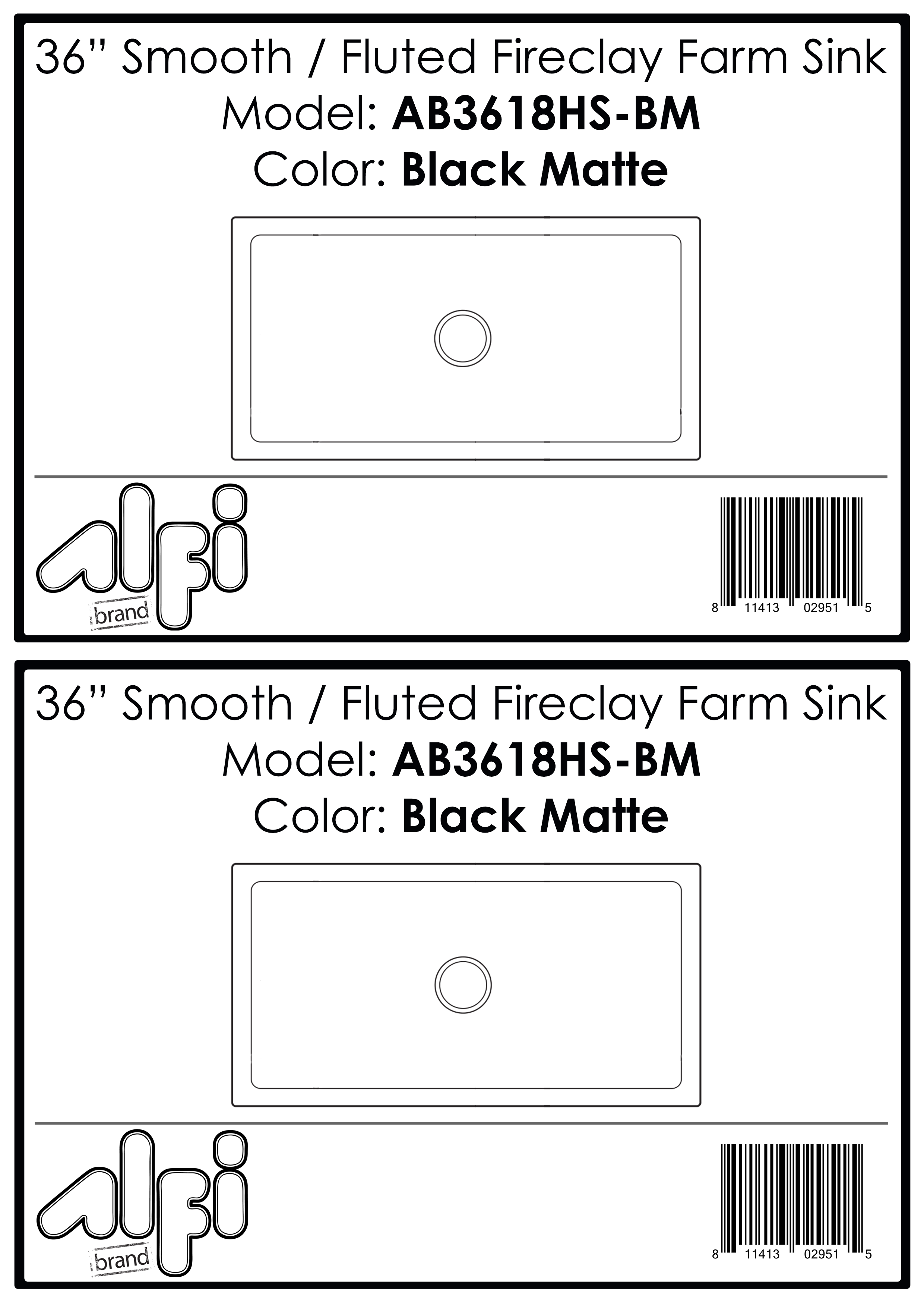 ALFI Brand - 36" Black Matte Reversible Smooth / Fluted Single Bowl Fireclay Farm Sink | AB3618HS-BM