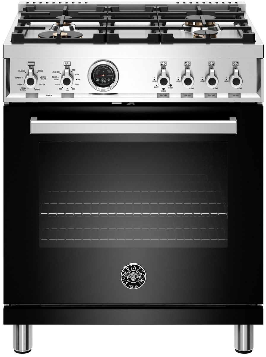 Bertazzoni | 30" Professional Series range - Electric self clean oven - 4 brass burners, 30" Contemporary Canopy Hood - 1 motor - 600 CFM, and 30" Microwave Oven Bundle