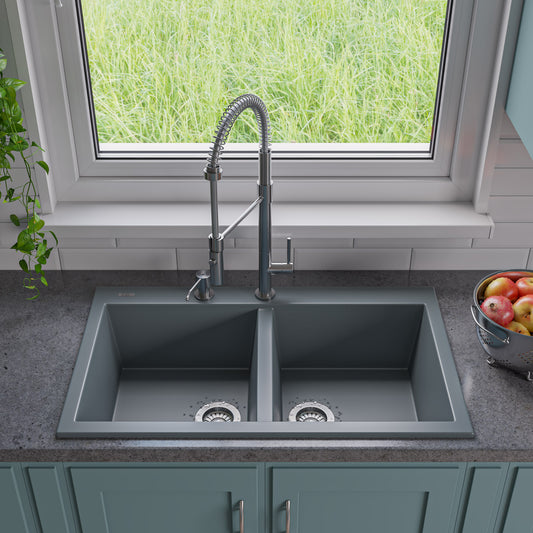 ALFI Brand - Titanium 34" Drop-In Double Bowl Granite Composite Kitchen Sink | AB3420DI-T