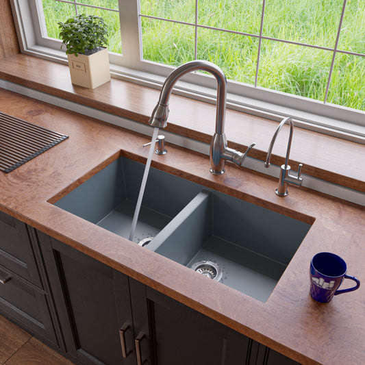 ALFI Brand - Titanium 34" Undermount Double Bowl Granite Composite Kitchen Sink | AB3420UM-T