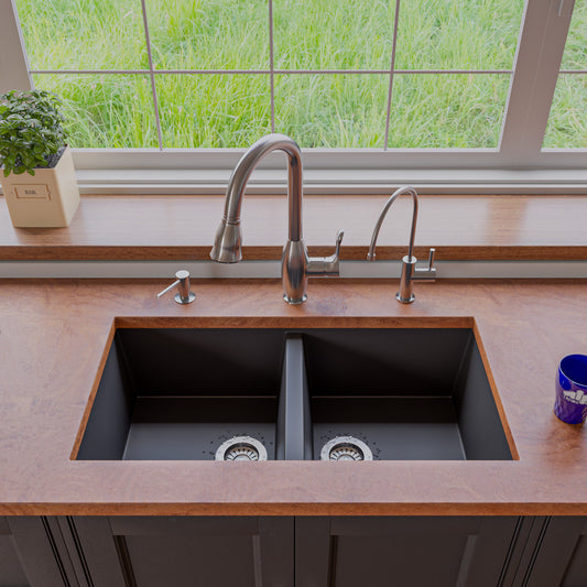 ALFI Brand - Black 34" Undermount Double Bowl Granite Composite Kitchen Sink | AB3420UM-BLA