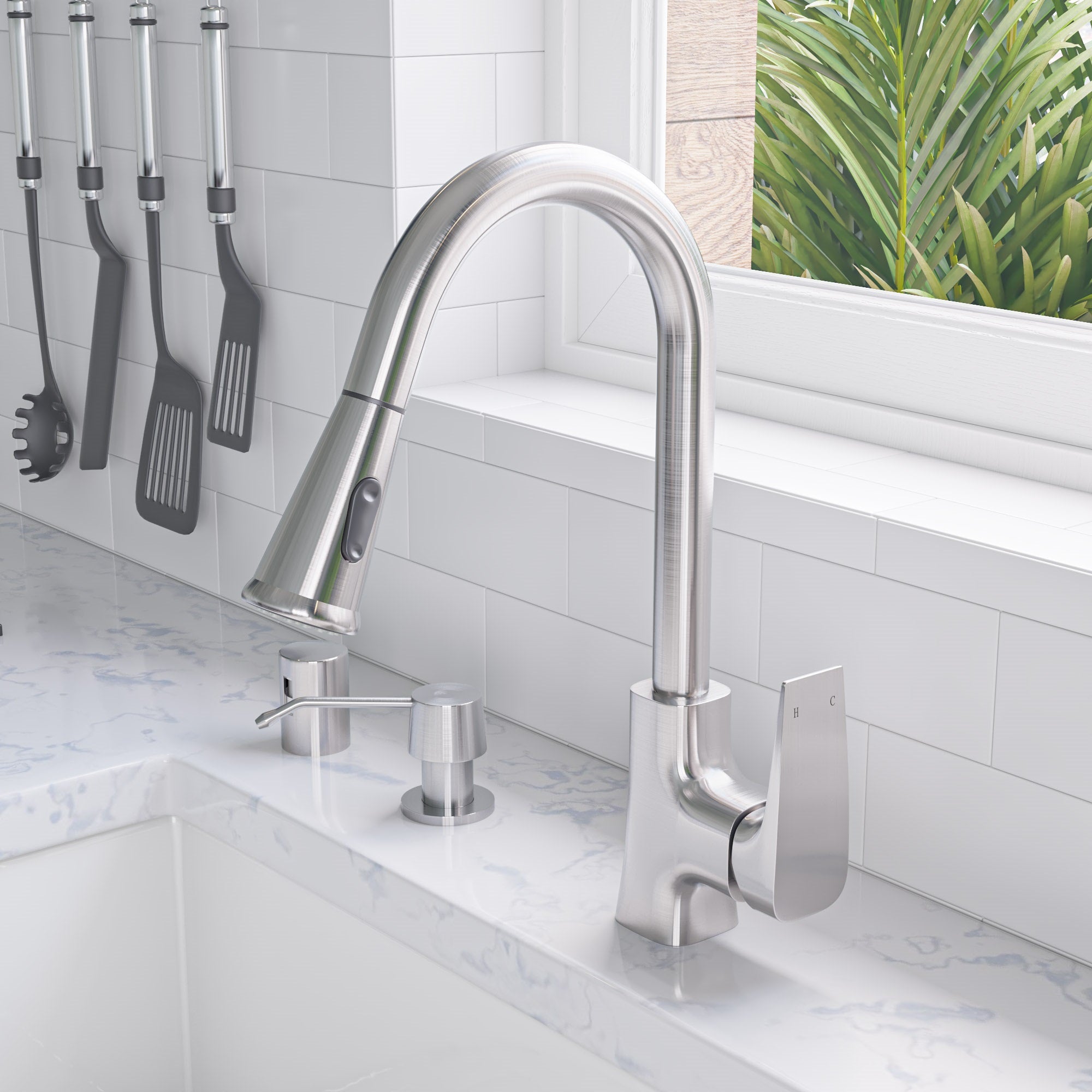 ALFI Brand - Brushed Nickel Square Gooseneck Pull Down Kitchen Faucet | ABKF3889-BN