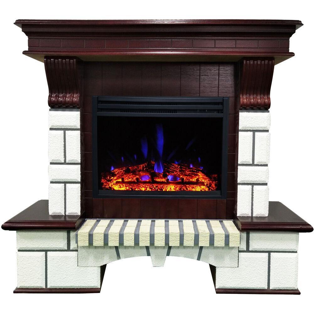 Cambridge Built-In Electric Fireplace Cambridge 48-In. Belcrest Traditional Faux Brick Electric Fireplace Mantel with Enhanced Log Display, White and Mahogany