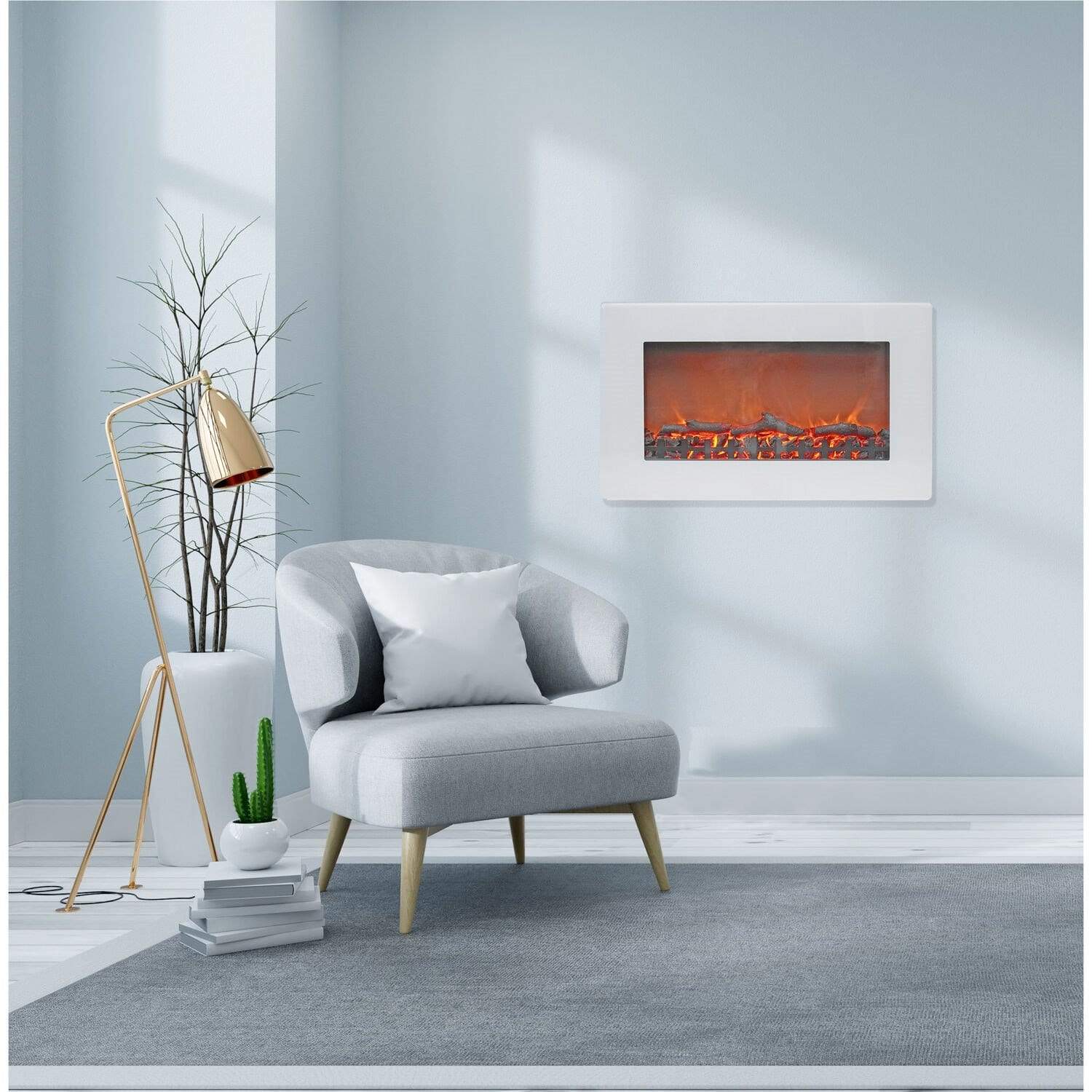 Cambridge Electric Wall-hung Fireplaces Cambridge 30-In. Callisto Wall Mount Electric Fireplace with Log Display, Timer, and Remote, White