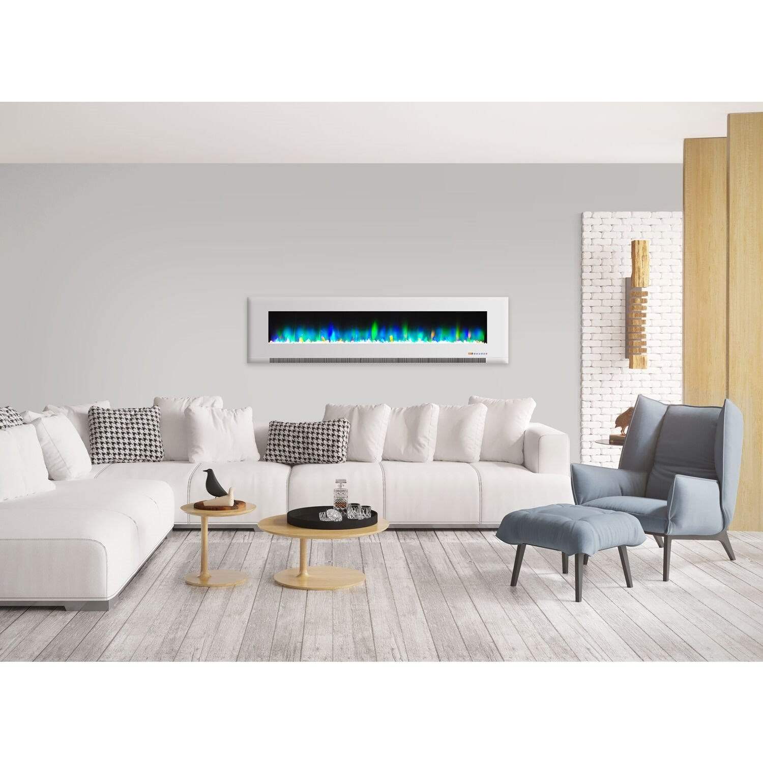Cambridge Electric Wall-hung Fireplaces Cambridge 78 In. Wall-Mount Electric Fireplace in White with Multi-Color Flames and Crystal Rock Display