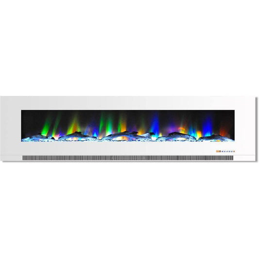 Cambridge Electric Wall-hung Fireplaces Cambridge 78 In. Wall-Mount Electric Fireplace in White with Multi-Color Flames and Driftwood Log Display