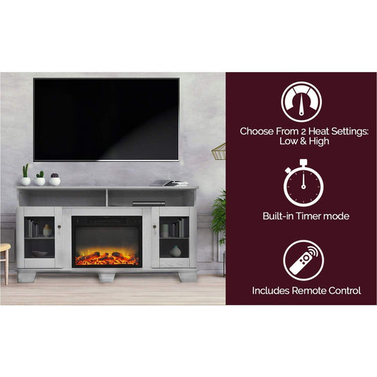 Cambridge Fireplace Mantels and Entertainment Centers Cambridge Savona 59 In. Electric Fireplace in White with Entertainment Stand and Enhanced Log Display