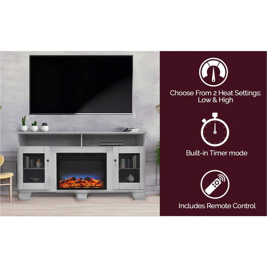 Cambridge Fireplace Mantels and Entertainment Centers Cambridge Savona 59 In. Electric Fireplace in White with Entertainment Stand and Multi-Color LED Flame Display