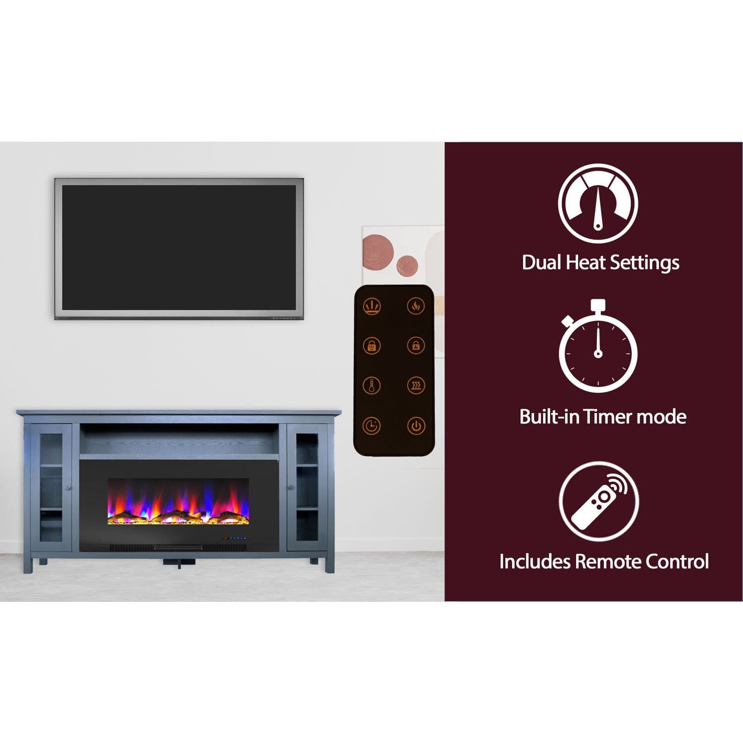 Cambridge Fireplace Mantels and Entertainment Centers Cambridge Somerset 70-In. Electric Fireplace TV Stand with Multi-Color LED Flames, Driftwood Log Display, and Remote Control