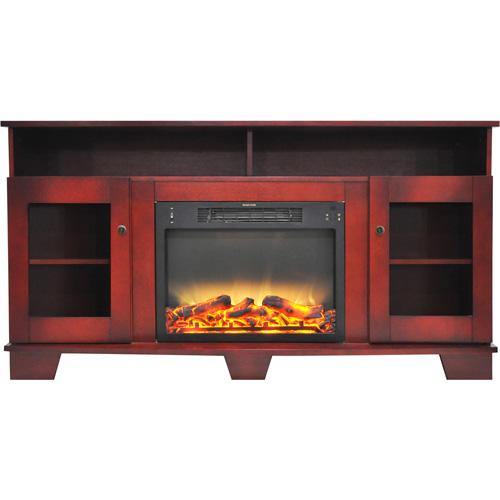 Cambridge Fireplace Mantels and Entertainment Centers Cherry Cambridge Savona 59 In. Electric Fireplace in Cherry with Entertainment Stand and Enhanced Log Display