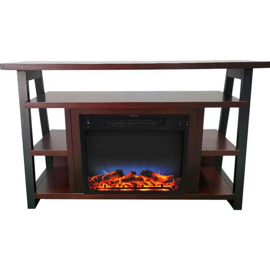 Cambridge Fireplace Mantels and Entertainment Centers Color_Mahogany/Black Cambridge 32-In. Sawyer Industrial Electric Fireplace Mantel with Realistic Log Display and LED Color Changing Flames, Mahogany,
