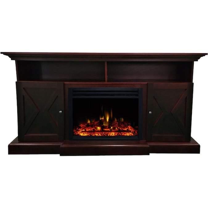 Cambridge Fireplace Mantels and Entertainment Centers Mahogany Cambridge 62-in. Summit Farmhouse Style Electric Fireplace Mantel with Deep Log Insert, Mahogany