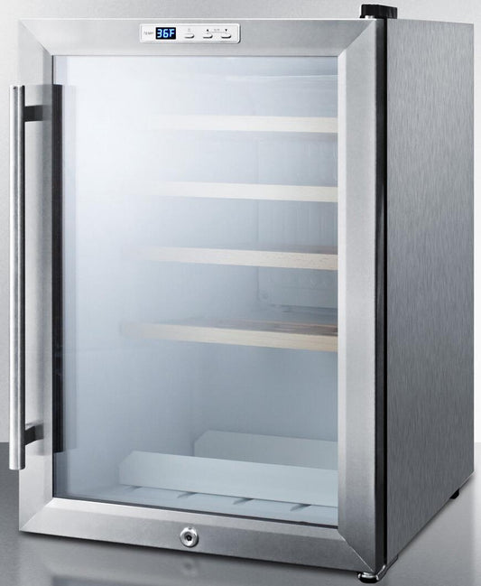 Summit - 17" 2.5 cu. ft. Freestanding Wine Cellar with 22 Bottle Capacity, 4 Adjustable Wooden Shelves, Digital Thermostat, LED Lighting, Vertical Storage Option and Automatic Defrost: Stainless Steel | SCR312LCSSWC2