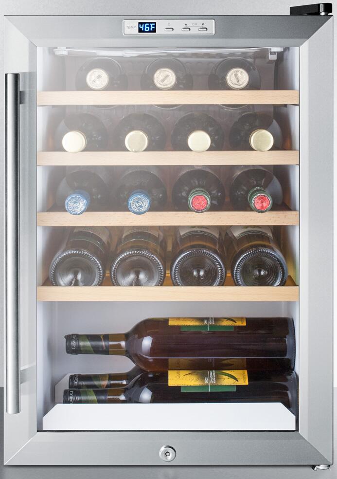 Summit - 17" 2.5 cu. ft. Freestanding Wine Cellar with 22 Bottle Capacity, 4 Adjustable Wooden Shelves, Digital Thermostat, LED Lighting, Vertical Storage Option and Automatic Defrost: Stainless Steel | SCR312LCSSWC2