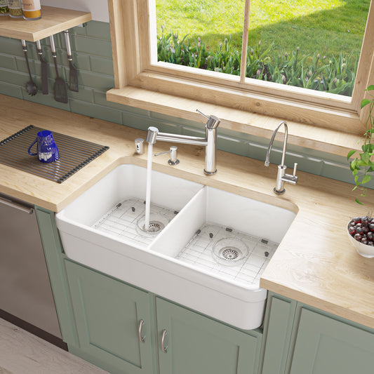 ALFI Brand - White 32" Double Bowl Lip Apron Fireclay Farmhouse Kitchen Sink with 1 3/4" Lip | AB512-W
