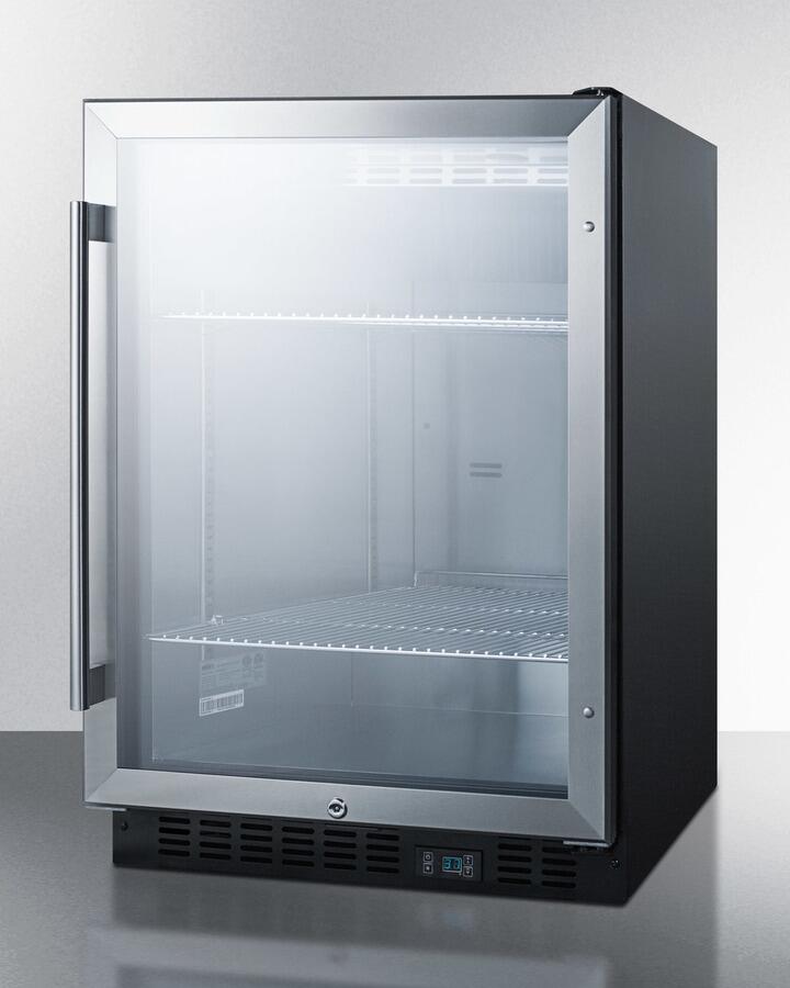 Summit | 24" Built-In Commercial Beverage Center with 5.0 Cu. Ft. Capacity, Door Alarm, Temperature Alarm, Memory Function, Reversible Double Pane Glass Door, Cantilevered Shelves, Sabbath Mode, 100% CFC Free, and EnergyStar Certified | SCR610BL