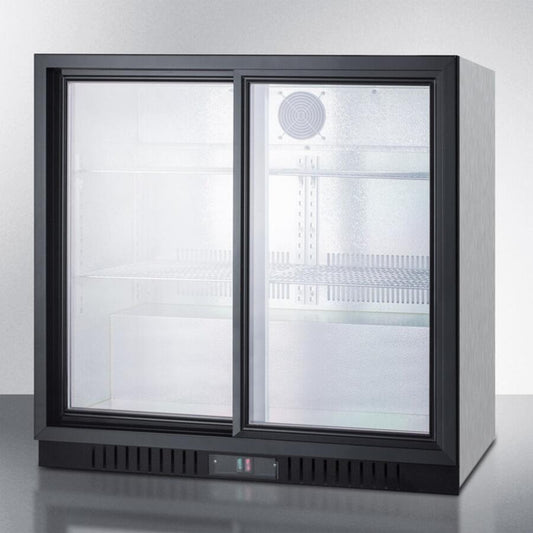Summit - 36 Inch Commercial Beverage Center with Back Bar Design, Sliding Glass Doors, Factory-Installed Lock, Internal Fan, Automatic Defrost, Digital Thermostat, Adjustable Shelves, Interior Light, CFC Free, 7.4 cu. ft. | [SCR700BCSS]