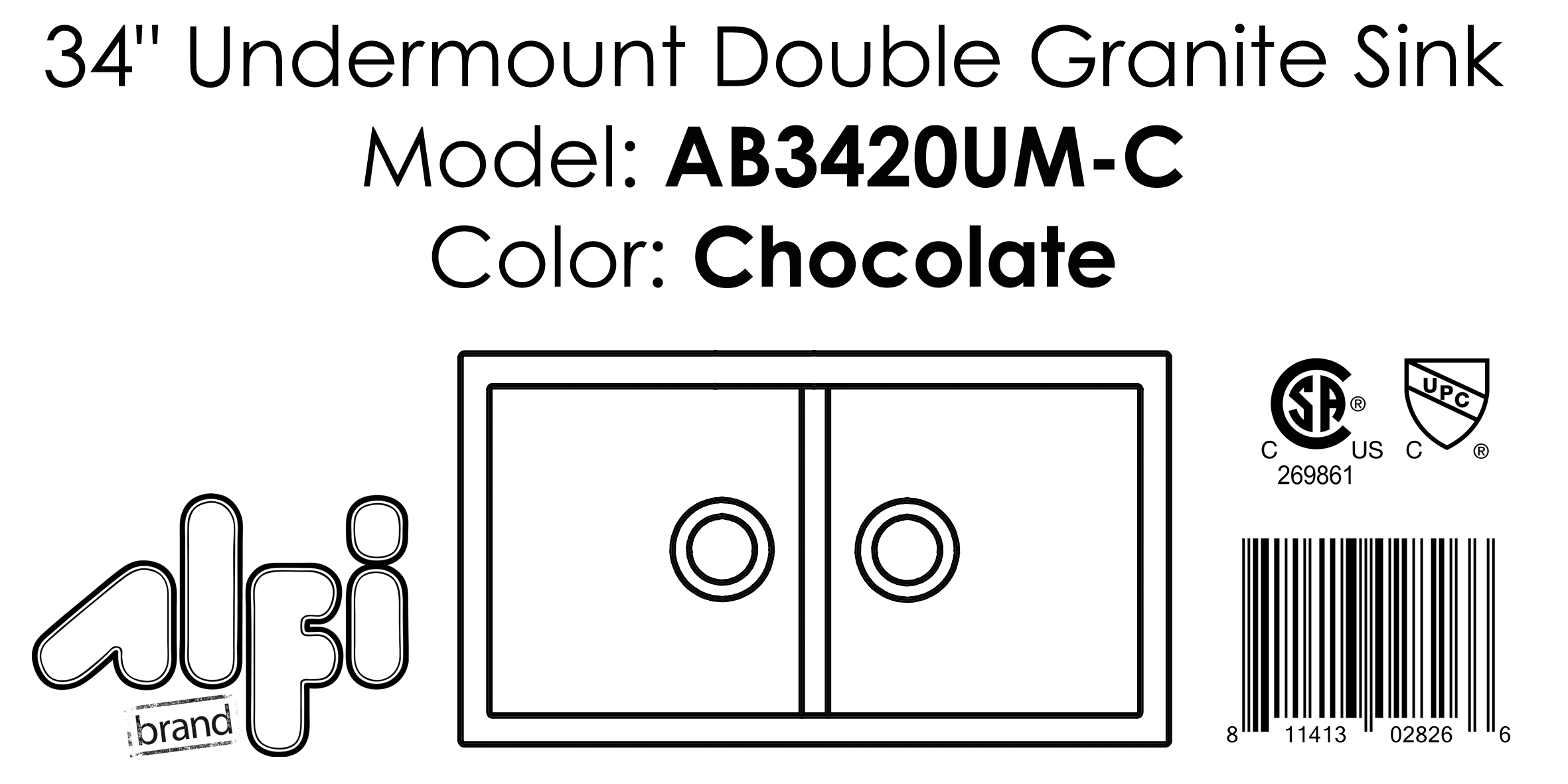 ALFI Brand - Chocolate 34" Undermount Double Bowl Granite Composite Kitchen Sink | AB3420UM-C