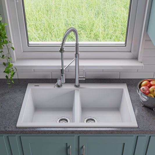 ALFI Brand - White 34" Drop-In Double Bowl Granite Composite Kitchen Sink | AB3420DI-W
