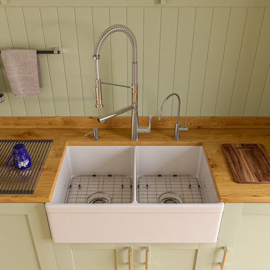 ALFI Brand - White 32" Decorative Lip Apron Double Bowl Fireclay Farmhouse Kitchen Sink | AB539-W