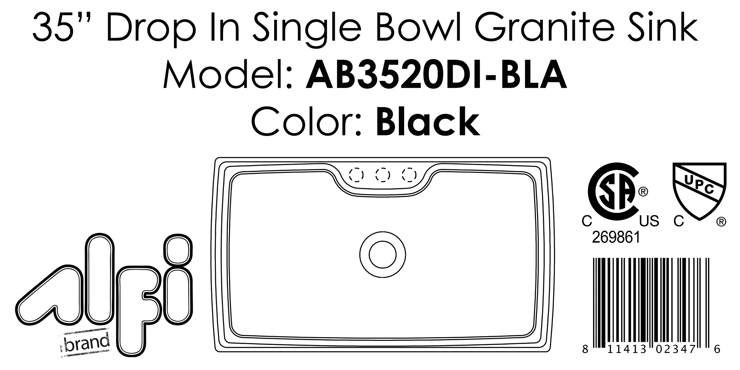 ALFI Brand - Black 35" Drop-In Single Bowl Granite Composite Kitchen Sink | AB3520DI-BLA