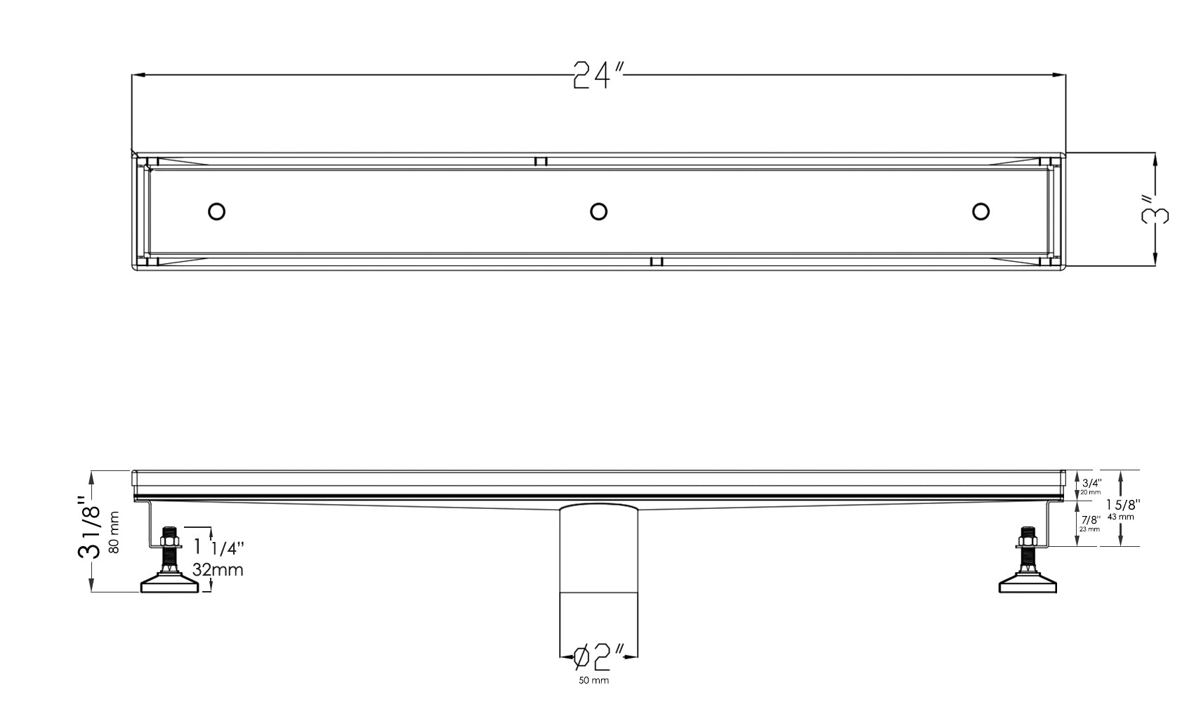 ALFI Brand - 24" Long Modern Stainless Steel Linear Shower Drain w/o Cover | ABLD24A