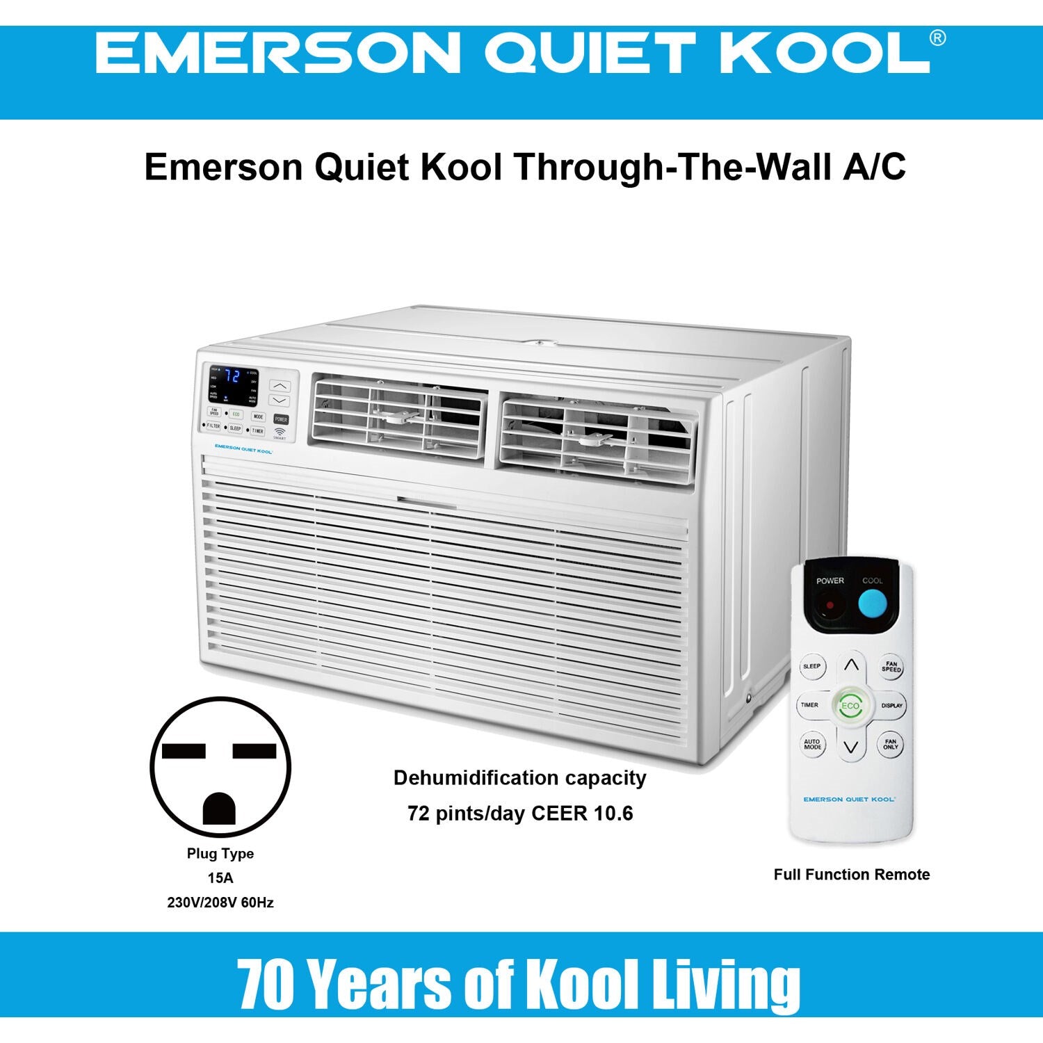 Emerson Quiet - 12000 BTU TTW Air Conditioner with Wifi Controls, 230V | EATC12RSE2T