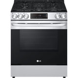 LG Over the Range Microwaves, 5.8 CF Gas Single Oven Slide-In Range, EasyClean Plus Self Clean, ThinQ, and Wall Mounted Range Hood Bundle