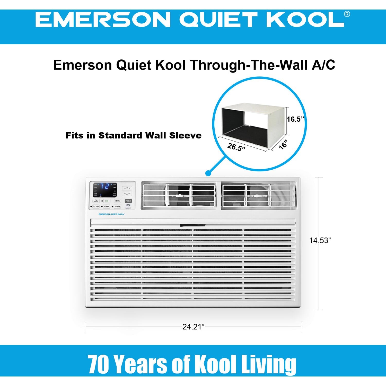 Emerson Quiet - 12000 BTU Heat/Cool TTW Air Conditioner with Wifi Controls, 230V | EATE12RSD2T