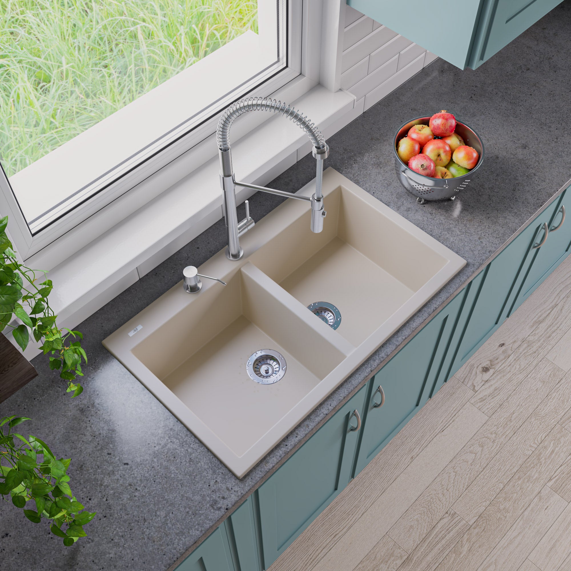 ALFI Brand - Biscuit 34" Drop-In Double Bowl Granite Composite Kitchen Sink | AB3420DI-B