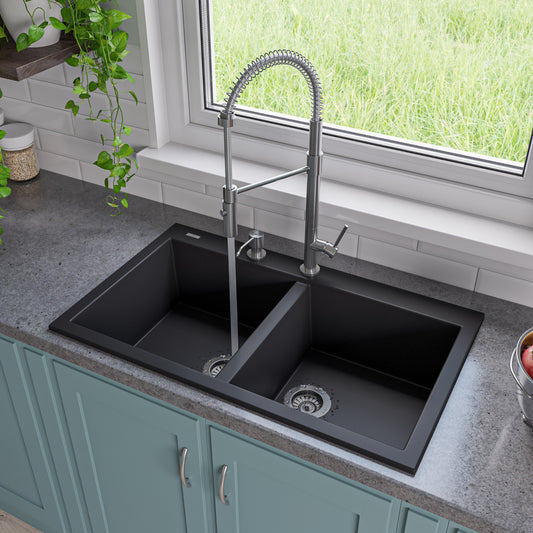 ALFI Brand - Black 34" Drop-In Double Bowl Granite Composite Kitchen Sink | AB3420DI-BLA