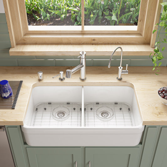 ALFI Brand - White 32" Double Bowl Lip Apron Fireclay Farmhouse Kitchen Sink with 1 3/4" Lip | AB512-W