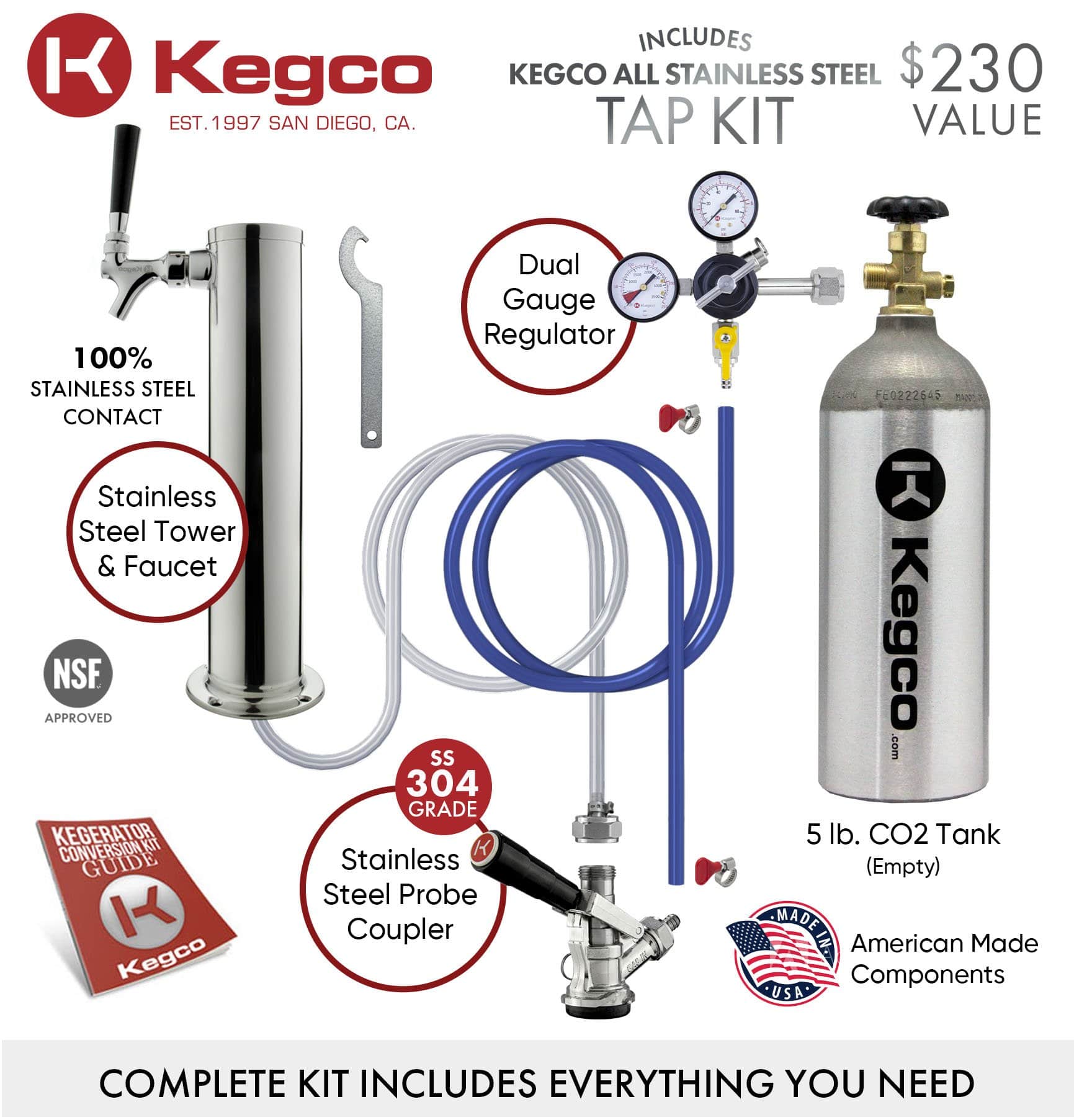 Kegco Beer Refrigeration Wide Single Tap Stainless Steel Built-In Right Hinge Kegerator