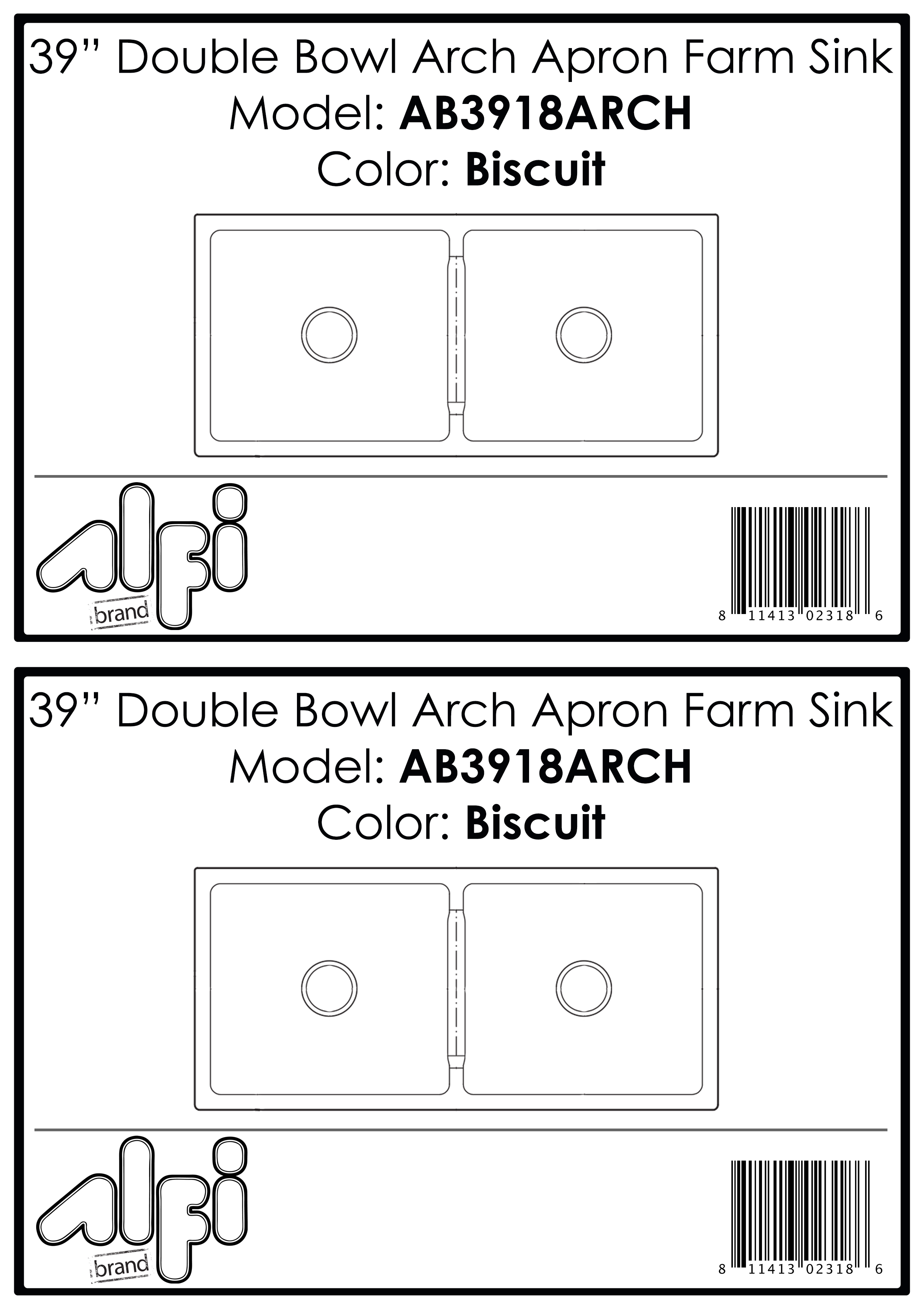 ALFI Brand - 39" Biscuit Arched Apron Thick Wall Fireclay Double Bowl Farm Sink | AB3918ARCH-B