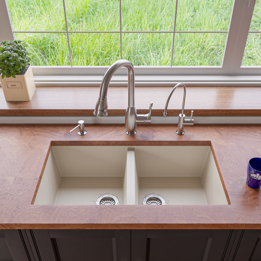 ALFI Brand - Biscuit 34" Undermount Double Bowl Granite Composite Kitchen Sink | AB3420UM-B