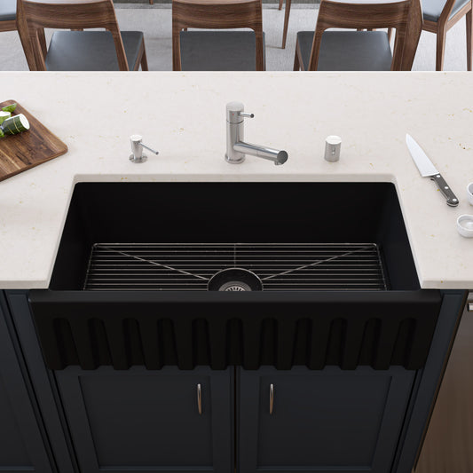 ALFI Brand - 36" Black Matte Reversible Smooth / Fluted Single Bowl Fireclay Farm Sink | AB3618HS-BM