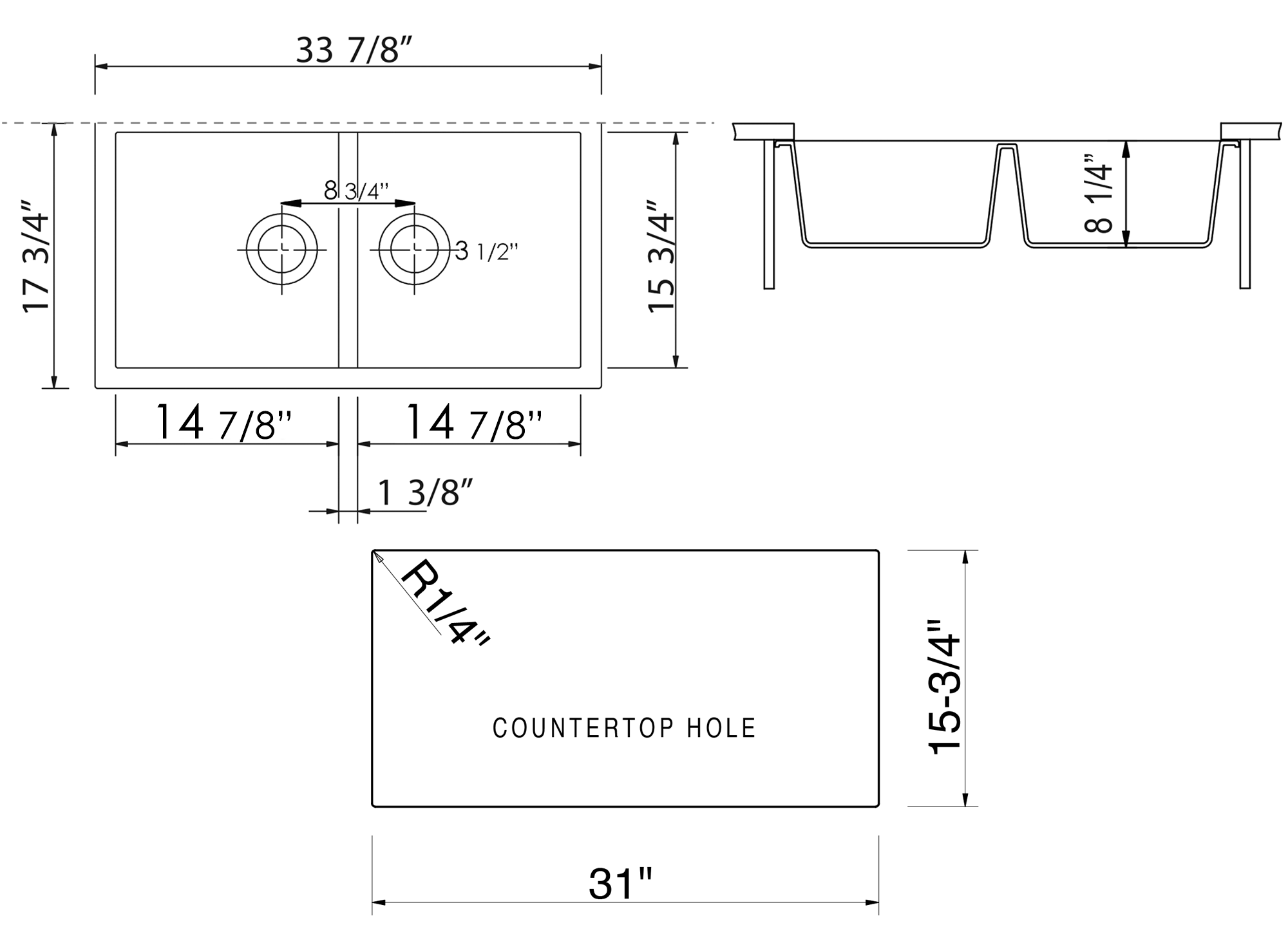 ALFI Brand - Biscuit 34" Undermount Double Bowl Granite Composite Kitchen Sink | AB3420UM-B