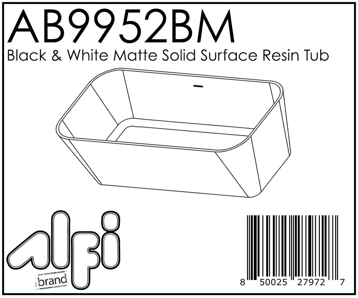 ALFI Brand - 67" Black & White Matte Rectangular Solid Surface Resin Soaking Bathtub | AB9952BM