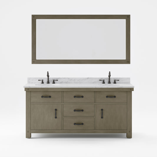 Water Creation | 72 Inch Grizzle Grey Double Sink Bathroom Vanity With Mirror And Faucets With Carrara White Marble Counter Top From The ABERDEEN Collection | AB72CW03GG-A72BX1203